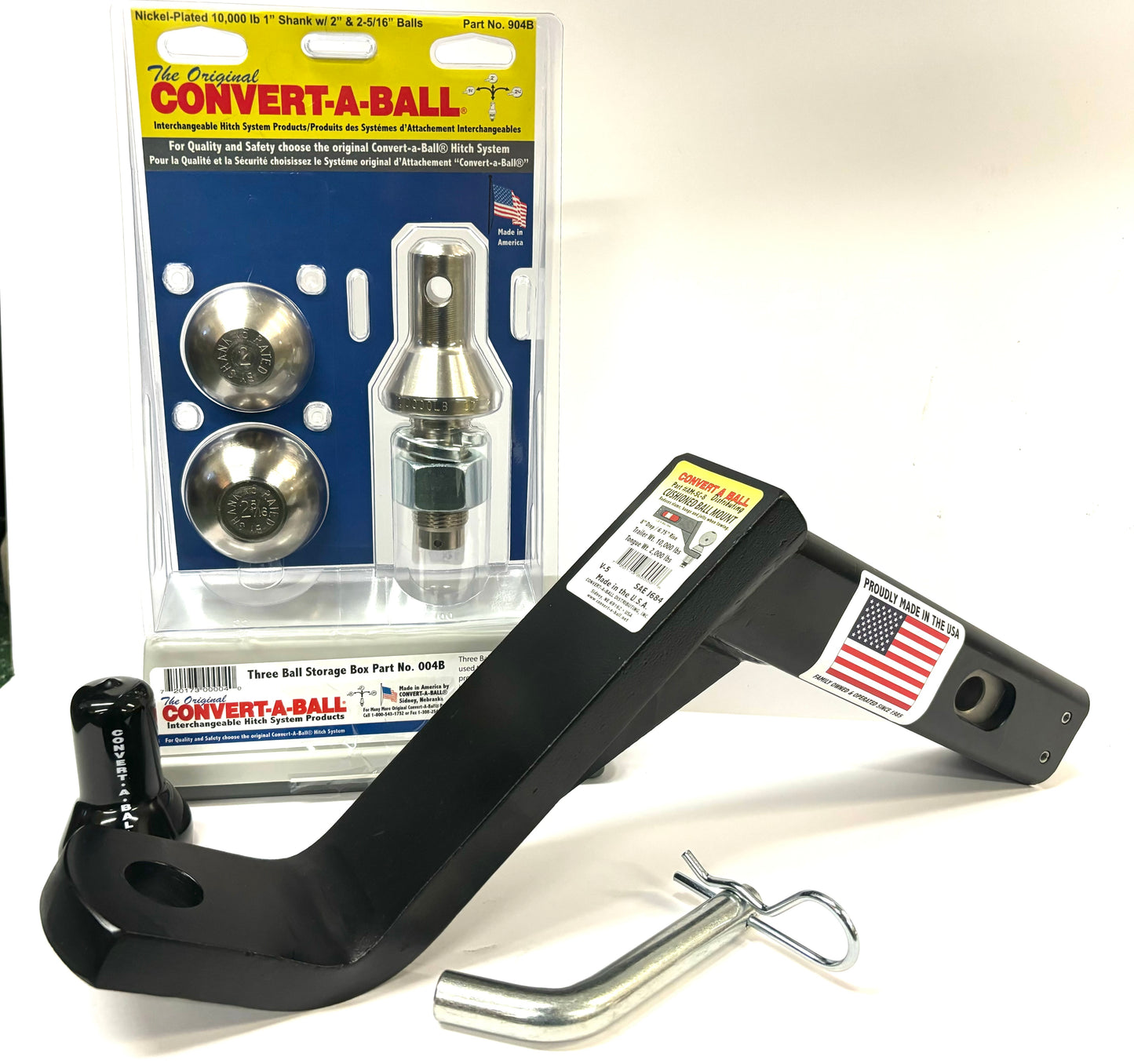 Towing Kit: 8" CUSHIONED Ball Mount with Interchangeable 2 Ball Nickel Set, Storage Box and Pin